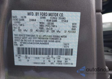2009 Ford Escape Limited z USA, uszkodzony, nr VIN 1FMCU04GX9KA64505